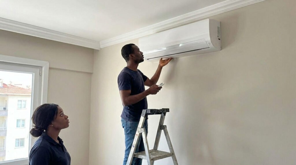 Technician inspecting Air Conditioner to be serviced