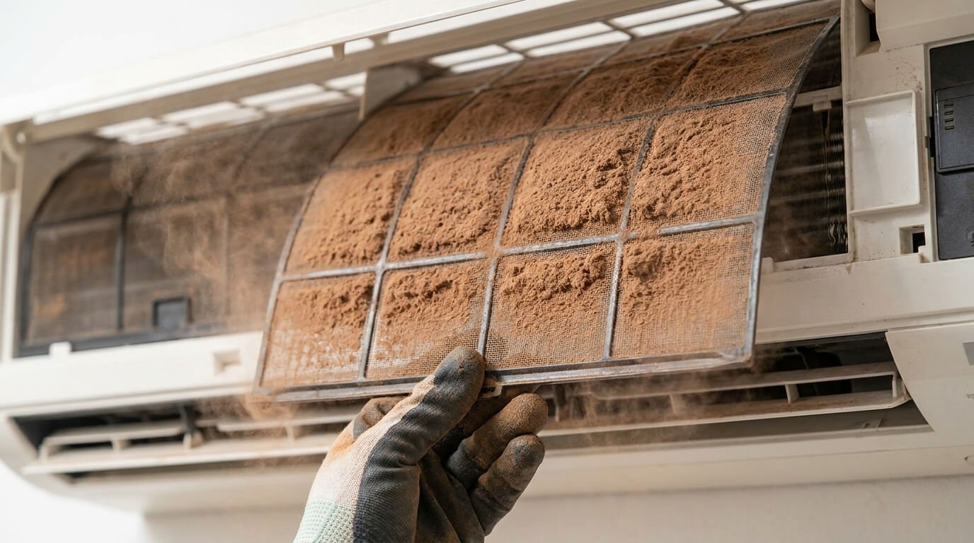 hand removing dusty air conditioner filter clogged with fine brown Harmattan dust