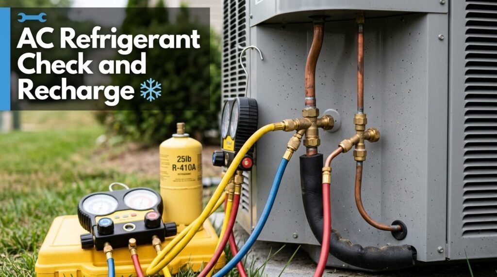 AC gauge for checking and recharging refrigerant on condenser unit by Technician