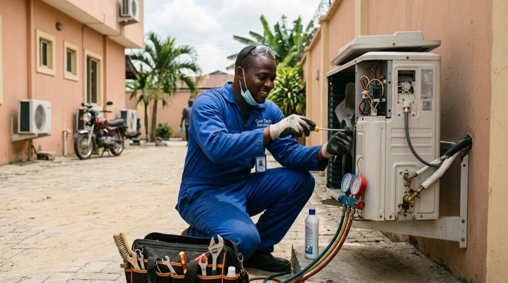 Glacvent AC technician performing routine care and maintenance on a 2HP air conditioner